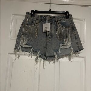 Adika Distressed Jean Shorts with Silver Embellishments